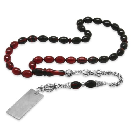 Ateş Kehribar Tesbih - Metal Püsküllü - Süzme Kırmızı Siyah Renk - İsme Özel Yazılı - Arpa Kesim