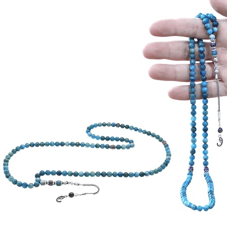 Apatit Doğaltaş Namaz Tesbihi - 925 Ayar Gümüş Vav Püsküllü - Pastel Renk - Küre Kesim