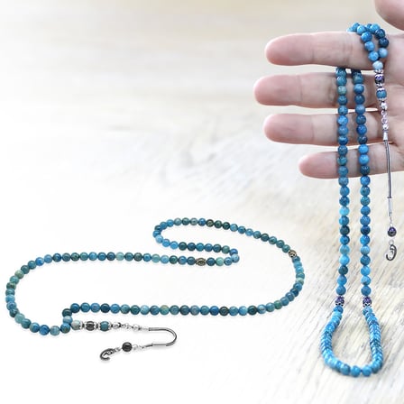 Apatit Doğaltaş Namaz Tesbihi - 925 Ayar Gümüş Vav Püsküllü - Pastel Renk - Küre Kesim
