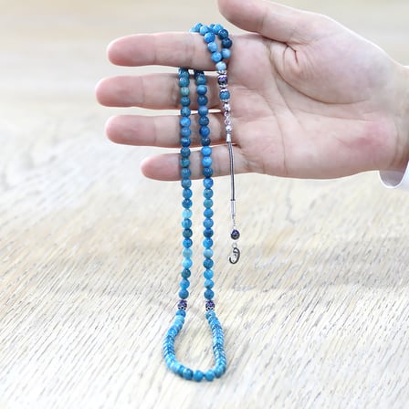 Apatit Doğaltaş Namaz Tesbihi - 925 Ayar Gümüş Vav Püsküllü - Pastel Renk - Küre Kesim