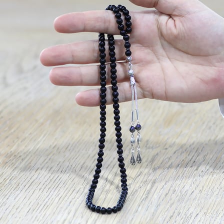 Oniks Doğaltaş Namaz Tesbihi - Kararmaz Metal Damla Püsküllü - Siyah Renk - Küre Kesim