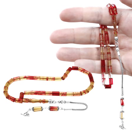 Ateş Kehribar Tesbih - 925 Ayar Gümüş Püsküllü - Mini Boy - Kırmızı Beyaz Renk - Kesme Kesim