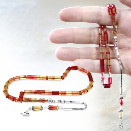 Ateş Kehribar Tesbih - 925 Ayar Gümüş Püsküllü - Mini Boy - Kırmızı Beyaz Renk - Kesme Kesim