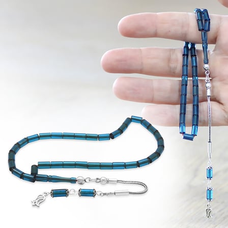 Sıkma Kehribar Tesbih - 925 Ayar Gümüş Püsküllü - Mini Boy - Turkuaz Mavisi Renk - Kesme Kesim