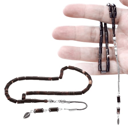 Sıkma Kehribar Tesbih - 925 Ayar Gümüş Püsküllü - Mini Boy - Kesme Kesim - Ebruli Renk