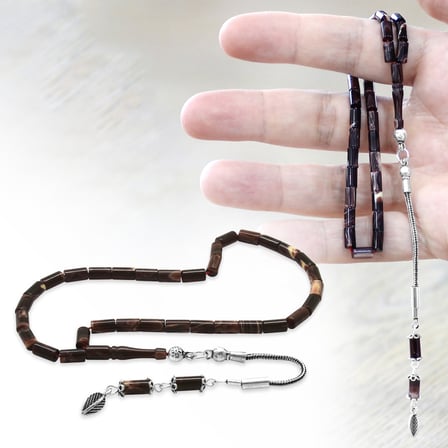 Sıkma Kehribar Tesbih - 925 Ayar Gümüş Püsküllü - Mini Boy - Kesme Kesim - Ebruli Renk