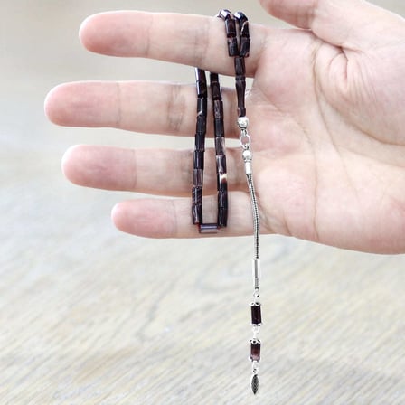 Sıkma Kehribar Tesbih - 925 Ayar Gümüş Püsküllü - Mini Boy - Kesme Kesim - Ebruli Renk