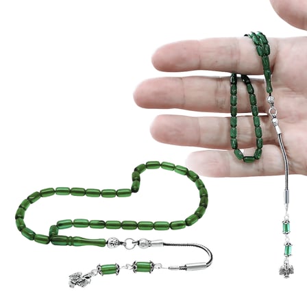 Ateş Kehribar Tesbih - 925 Ayar Gümüş Püsküllü - Mini Boy - Su Yeşili Renk - Kapsül Kesim