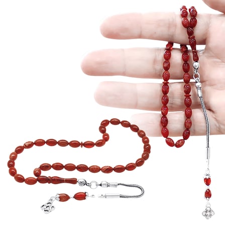 Ateş Kehribar Tesbih - 925 Ayar Gümüş Püsküllü - Mini Boy - Arpa Kesim - Kırmızı Beyaz Renk
