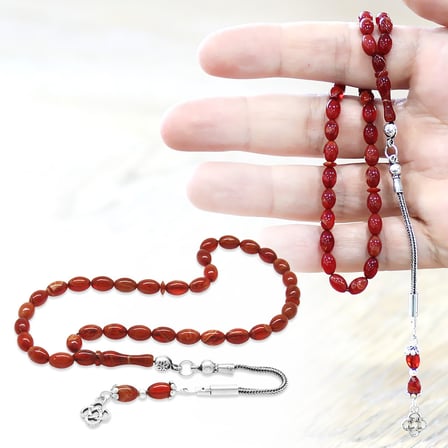 Ateş Kehribar Tesbih - 925 Ayar Gümüş Püsküllü - Mini Boy - Arpa Kesim - Kırmızı Beyaz Renk