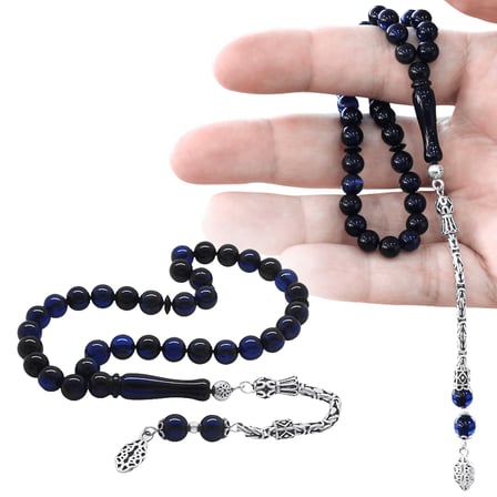 Damla Kehribar Tesbih - 925 Ayar Gümüş Kral Zincir Püsküllü - Lacivert Renk - Küre Kesim