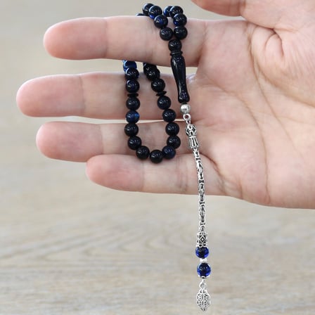 Damla Kehribar Tesbih - 925 Ayar Gümüş Kral Zincir Püsküllü - Lacivert Renk - Küre Kesim
