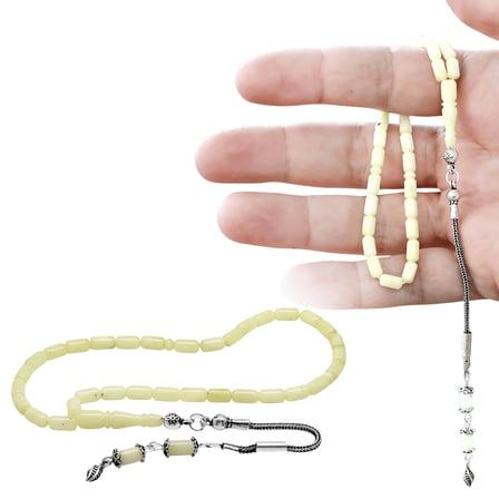 Damla Kehribar Tesbih - 925 Ayar Gümüş Lale Püsküllü - Sarı Beyaz Renk - Kapsül Kesim