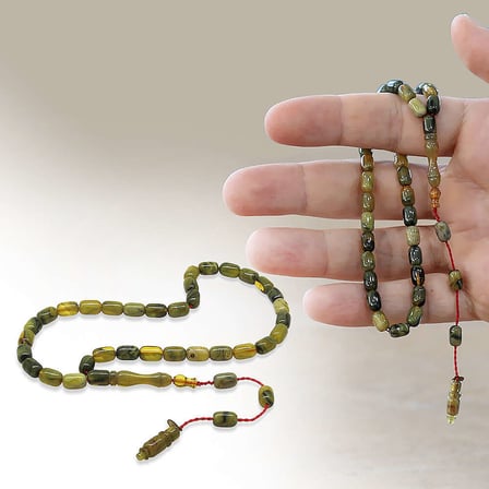 Sıkma Kehribar Tesbih - Sistemli - Mini Boy - Hareli Sarı Gri Renk - Kapsül Kesim
