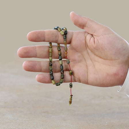 Sıkma Kehribar Tesbih - Sistemli - Mini Boy - Hareli Sarı Gri Renk - Kapsül Kesim