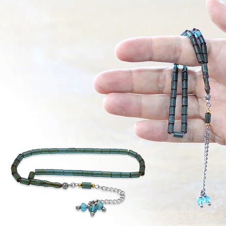 Ateş Kehribar Tesbih - Zirkon Taş Metal Püsküllü - Su Yeşili Renk - Mini Boy - Kesme Kesim