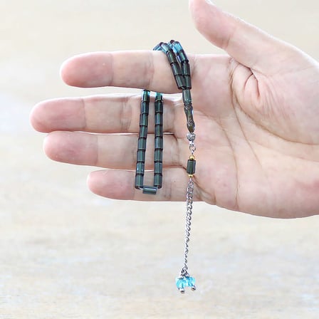 Ateş Kehribar Tesbih - Zirkon Taş Metal Püsküllü - Su Yeşili Renk - Mini Boy - Kesme Kesim