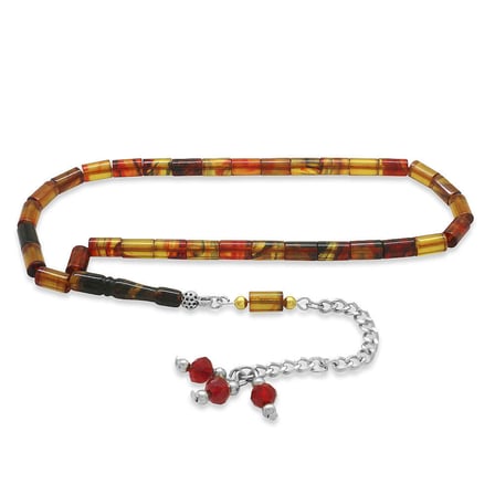 Ateş Kehribar Tesbih - Zirkon Taş Metal Püsküllü - Bala Sarı Renk - Mini Boy - Kesme Kesim