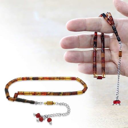 Ateş Kehribar Tesbih - Zirkon Taş Metal Püsküllü - Bala Sarı Renk - Mini Boy - Kesme Kesim