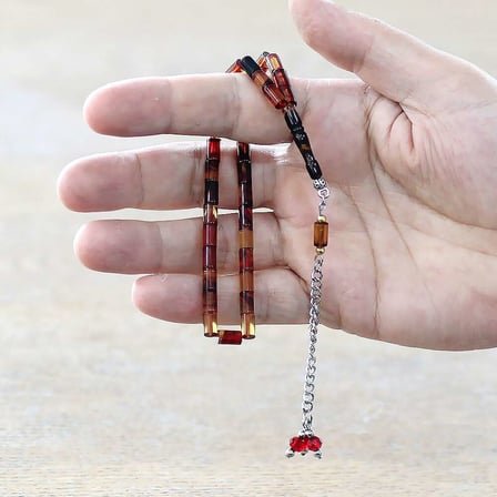 Ateş Kehribar Tesbih - Zirkon Taş Metal Püsküllü - Bala Sarı Renk - Mini Boy - Kesme Kesim