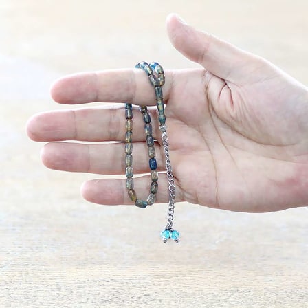 Ateş Kehribar Tesbih - Zirkon Taş Metal Püsküllü - Mavi Beyaz Renk - Mini Boy - Kapsül Kesim