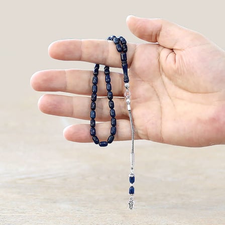 Sıkma Kehribar Tesbih - 925 Ayar Gümüş Püsküllü - Gece Mavisi Renk - Mini Boy - Kapsül Kesim