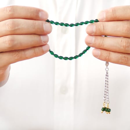 Ateş Kehribar Tesbih - Zirkon Taş Metal Püsküllü - Yeşil Renk - Mini Boy - Arpa Kesim