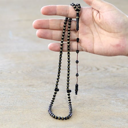 Kuka Namaz Tesbihi - Siyah Renk - Pirinç Sarmal - Sistemli - Küre Kesim