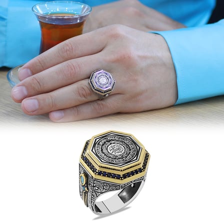 Hüsnü Hat Ayetel Kürsi Yazılı Mikro Zirkon Taş Süslemeli Geleneksel Motif Detaylı 925 Ayar Gümüş Erkek Yüzük