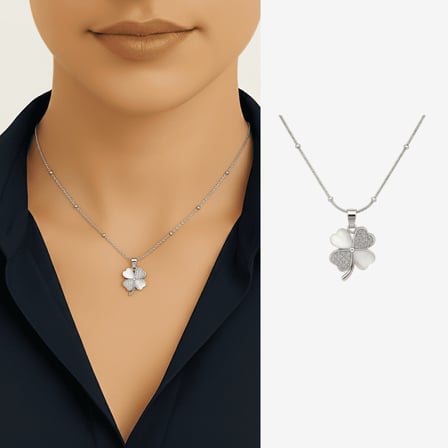 Kadın Çelik Kolye - Toplu Snake Zincirli - Yonca Yaprağı Tasarım - Beyaz Zirkon Taşlı - Gümüş Renk