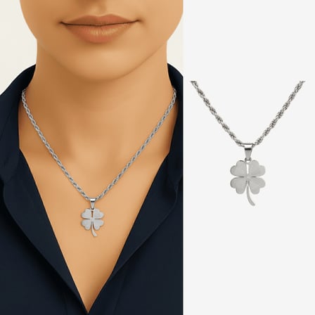 Kadın Çelik Kolye - Burma Model Zincirli - Yonca Yaprağı Tasarım - Gümüş Renk