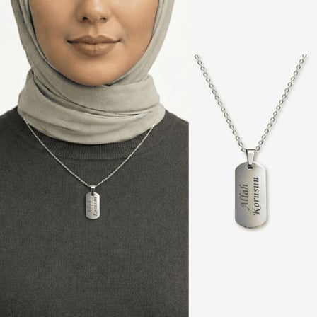 Kadın Çelik Kolye - Kişiye Özel - Gümüş Renk - Oval Dikdörtgen Tasarım - 45 cm