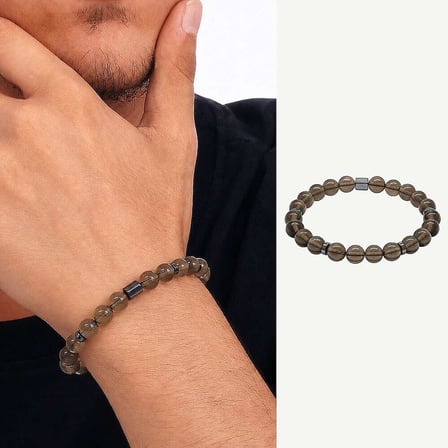 Kuvars Doğaltaş Erkek Bileklik - Hematit Kombinli - Küre Kesim - Gri Renk