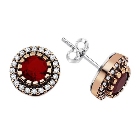 Zirkon ve Kırmızı Ruby Taşlı Yuvarlak Tasarım 925 Ayar Gümüş Küpe