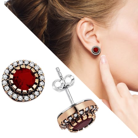 Zirkon ve Kırmızı Ruby Taşlı Yuvarlak Tasarım 925 Ayar Gümüş Küpe