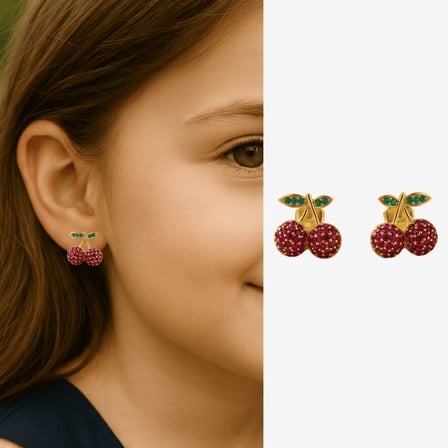 Çocuk Xuping Çelik Küpe - Kiraz Model - Fuşya Zirkon Taşlı - Altın Renk