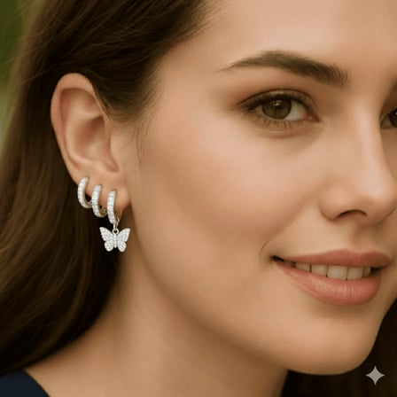 Kadın Xuping Çelik Küpe - 3 lü Model - Kelebek Detaylı - Beyaz Zirkon Taşlı - Gümüş Renk