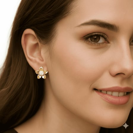 Kadın Xuping Çelik Küpe - Tektaş Model - Yonca Yaprağı Tasarım - Beyaz Zirkon Taşlı - Altın Renk