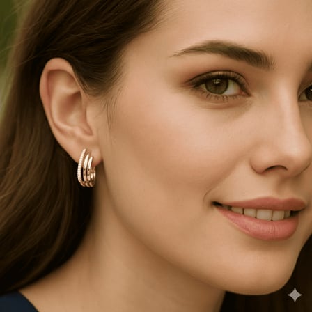 Kadın Xuping Çelik Küpe - 3 Sıra Asimetrik Tasarım - Beyaz Zirkon Taşlı - Altın Renk
