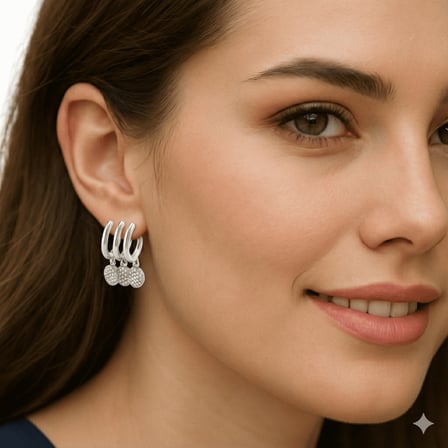 Kadın Xuping Çelik Küpe - 3 Sıra Tasarım - Gümüş Renk - Beyaz Zirkon Taşlı