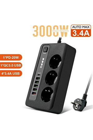 Akıllı Priz 6 lı Hızlı Şarj QC3.0 USB Port PD 38W BKL04EU