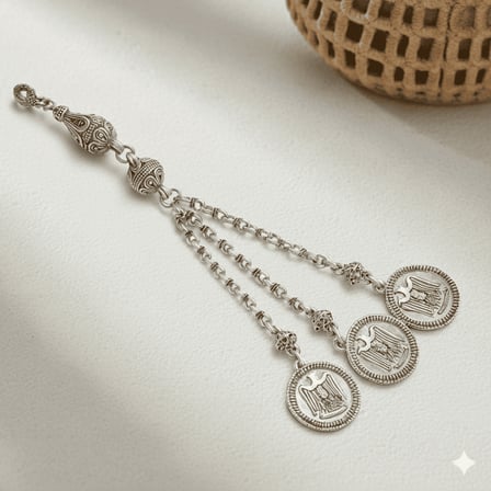 Selçuklu Kartalı Temalı Gümüş Renk Doch Zincirli Üç Kamçılı Kararmaz Metal Püskül