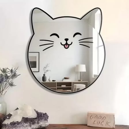 Kırılmaz Pleksi Gülen Kedi Duvar Aynası - 35x35 Cm Çocuk Ve Bebek Odası Dekoratif Ayna Diğer