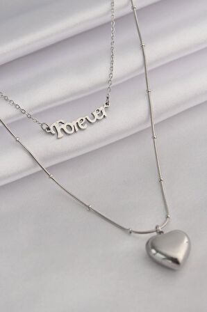 316L Çelik Gümüş Renk 'Forever' Yazılı 3D Kalp Model Kadın Kolye - BJ-BKO7012