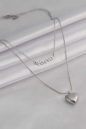 316L Çelik Gümüş Renk 'Forever' Yazılı 3D Kalp Model Kadın Kolye - BJ-BKO7012