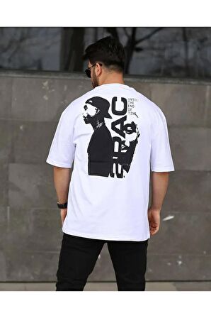 2PAC Baskılı Siyah Unisex Oversize T-shirt