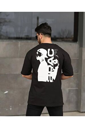 2PAC Baskılı Siyah Unisex Oversize T-shirt