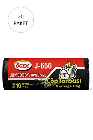 J-650 Jumbo Boy Çöp Torbası 80 x 110 cm 10 Lu Rulo x 20 Paket = 200 Adet (Siyah)