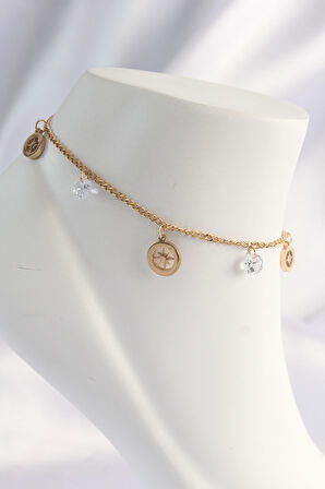 316L Çelik Gold Renk Zirkon Taşlı Yıldızlı Halhal - TJ-HH1620