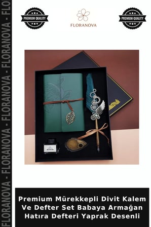 Premium Mürekkepli Divit Kalem Ve Defter Set Babaya Armağan Hatıra Defteri Yaprak Desenli